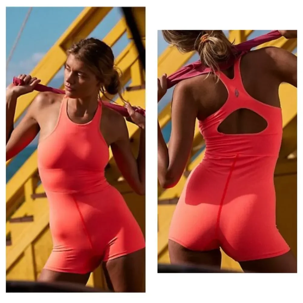 Free People FP Movement Every Single Time Runsie Size M/L Neon Coral Romper
